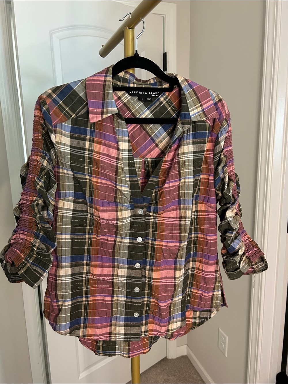 Veronica Beard Olive, Pink & Blue Plaid Button-Front Shirt